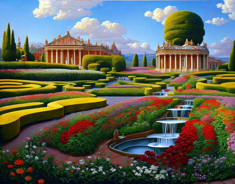 Geometric hedges, flowers, fountains, temple in vibrant garden