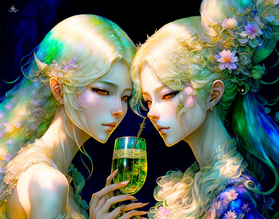 Ethereal elf-like figures toasting with flowers in hair