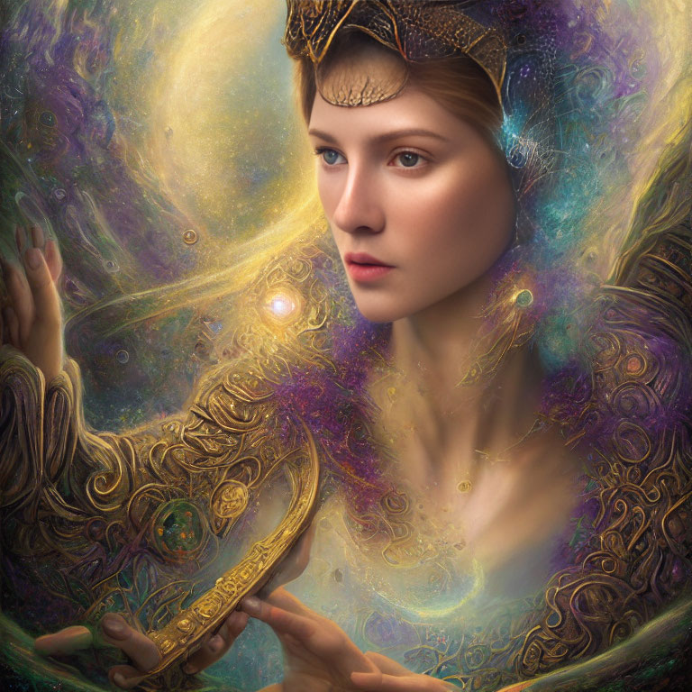 Mystical female figure with cosmic background and galaxy in hands