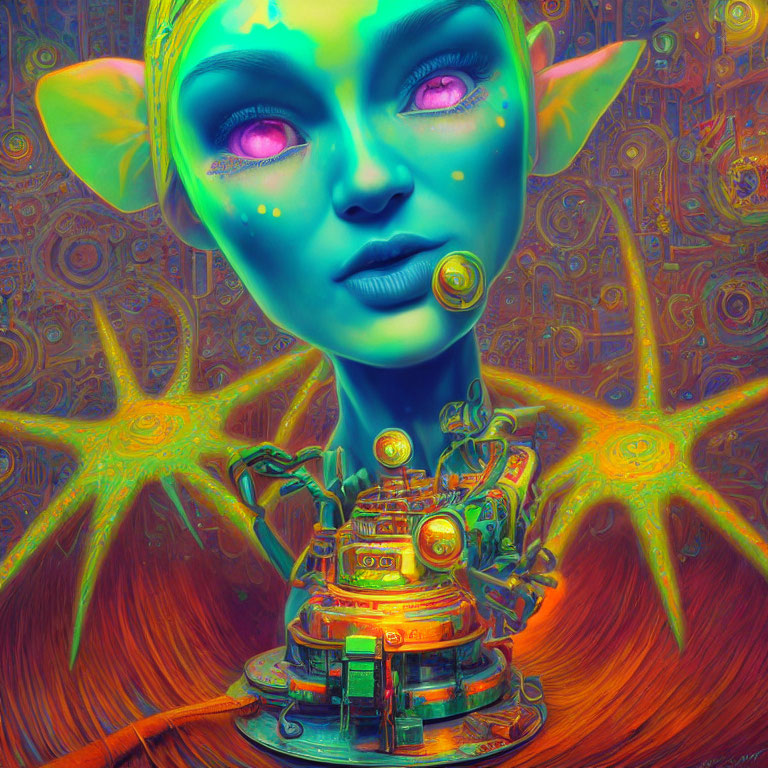 Vibrant female elf with glowing pink eyes and intricate mechanical device
