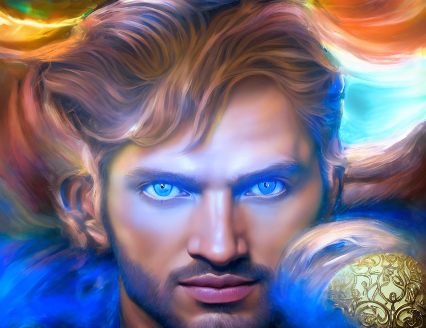 Fantasy Digital Art: Man with Blue Eyes and Cosmic Background