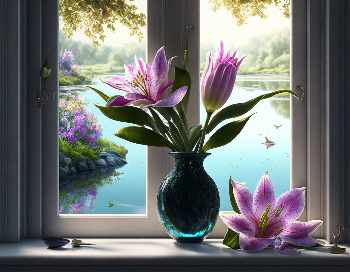 Tranquil window view with lilies, blue vase, river, greenery, and paper boats