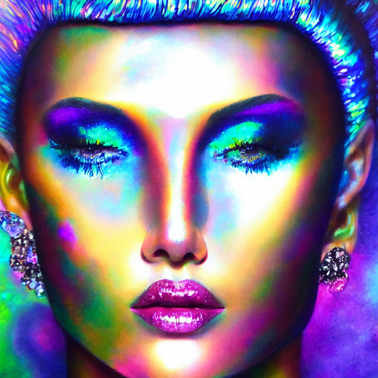 Colorful portrait of woman with vibrant makeup and closed eyes