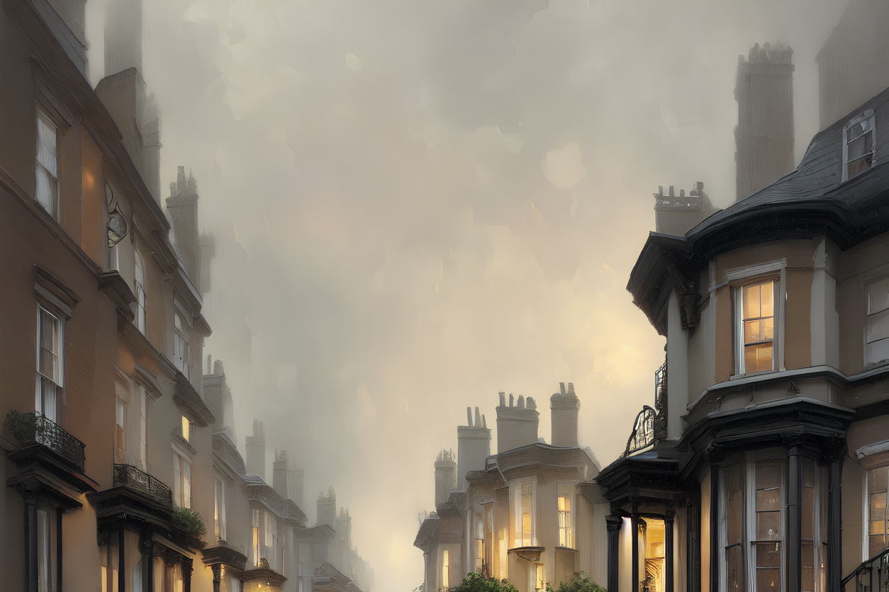 Traditional townhouses in dimly lit street under cloudy sky