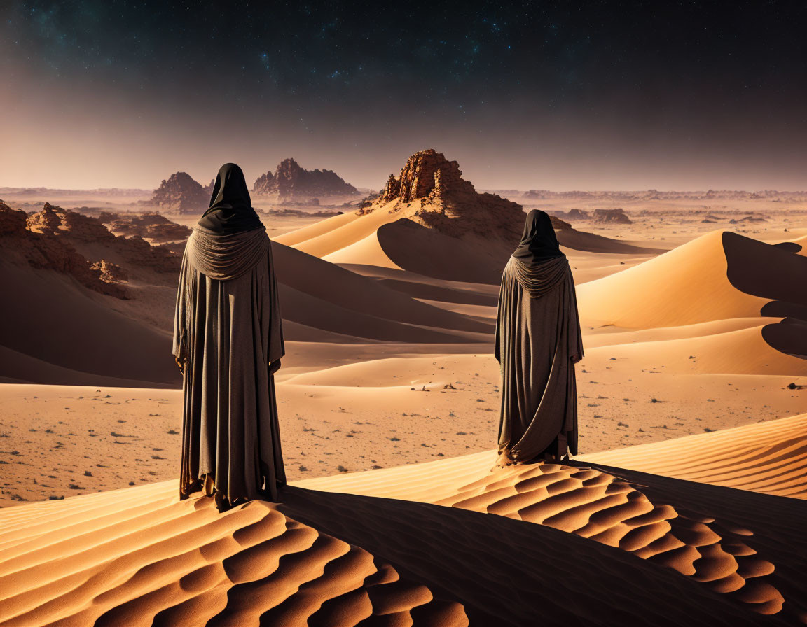 Two Figures in Black Robes on Desert Dune under Starry Sky
