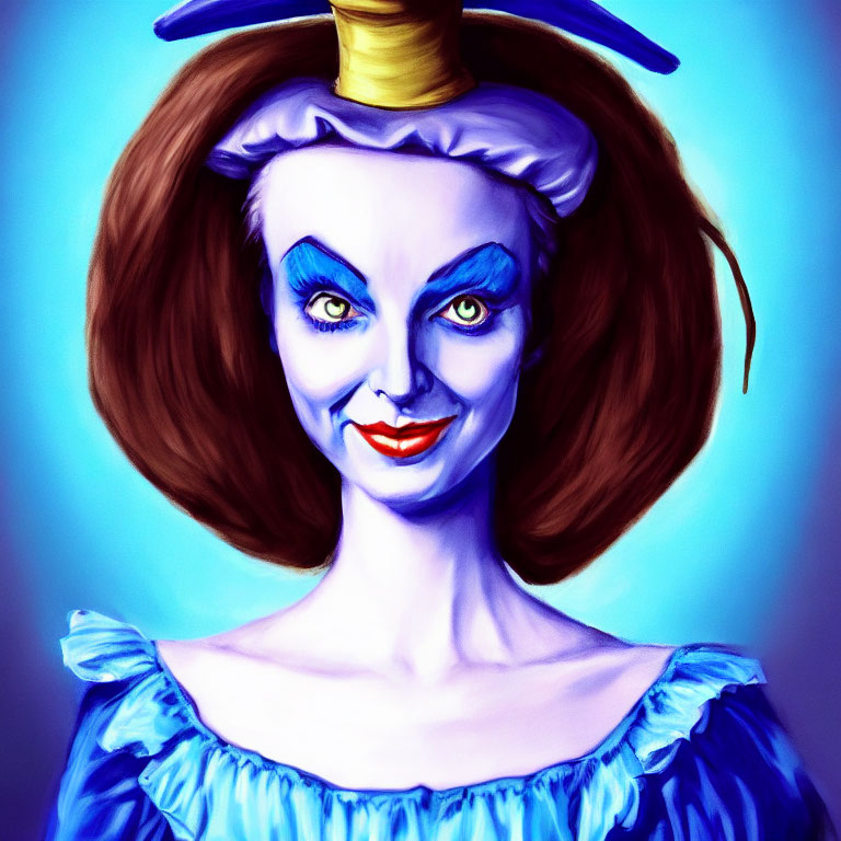 Stylized painting of smiling woman with exaggerated makeup and blue eyes