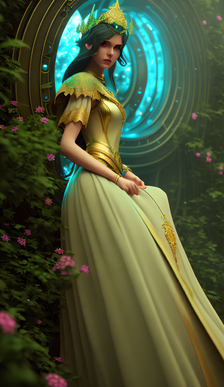 Elegant woman in crown and gold-trimmed dress near futuristic circular doorway