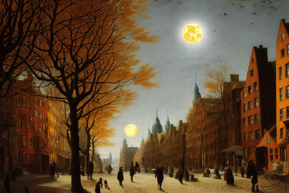Twilight street scene with warm trees, glowing moon, and strolling people
