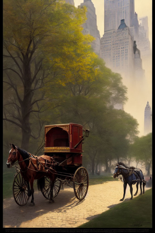 Sunlit horse-drawn carriage and saddled horse on tree-lined path with misty skyscrapers