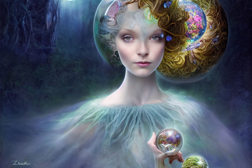 Ethereal woman portrait with cosmic sphere and space-themed headdress