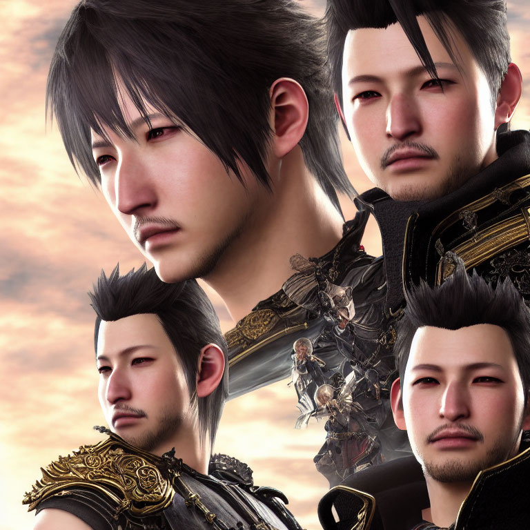 Three digital renderings of male character in Asian-themed black and gold armor against warm background