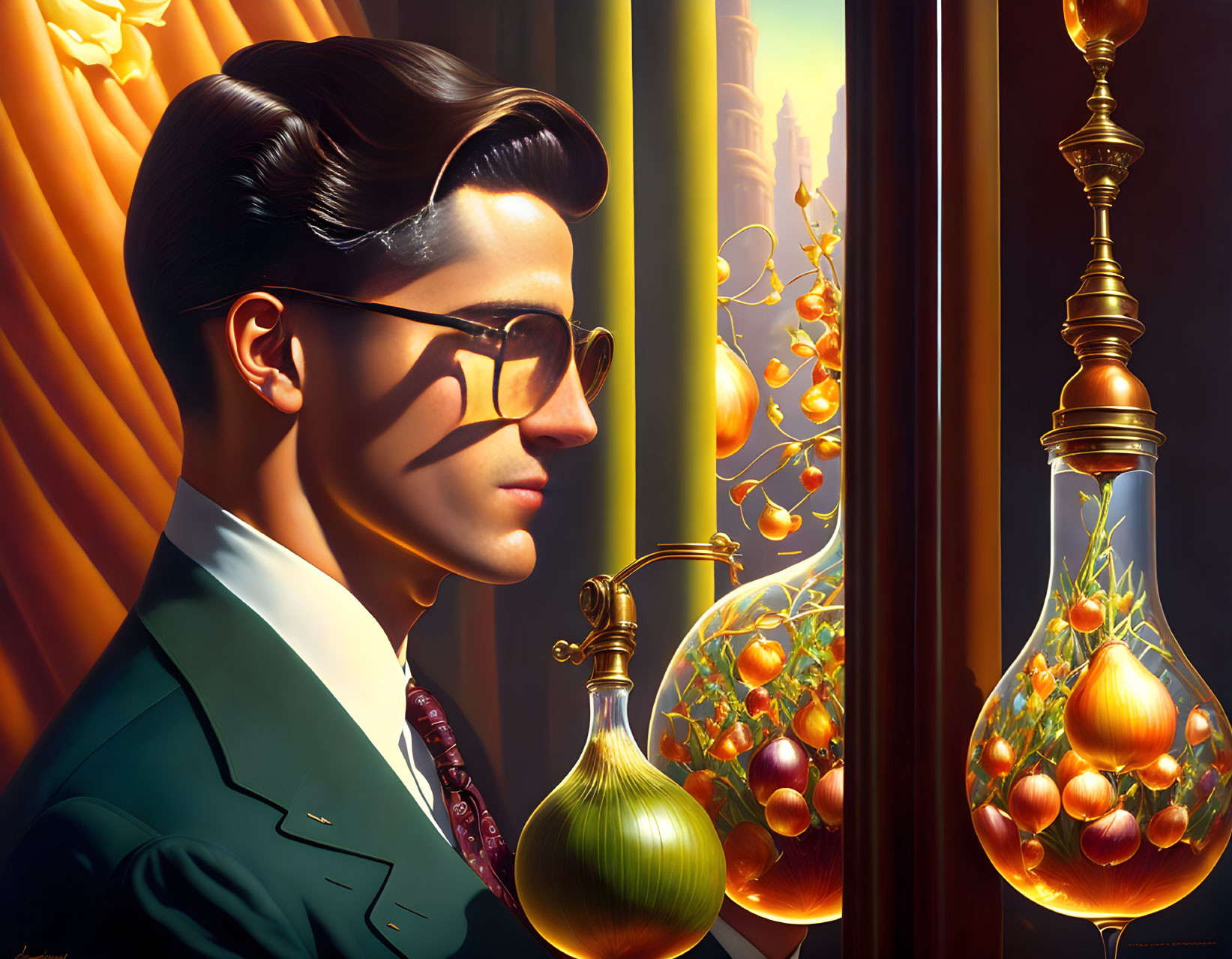 Stylized portrait of man with sleek hair and glasses gazing at floating terrariums on warm