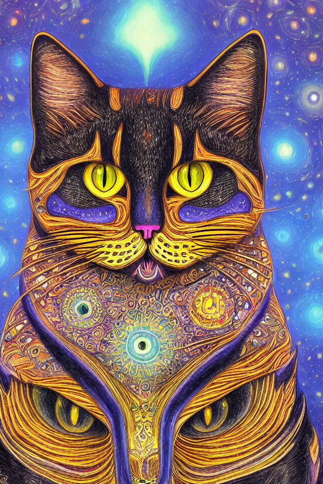 Colorful Psychedelic Cat Illustration with Cosmic Motifs