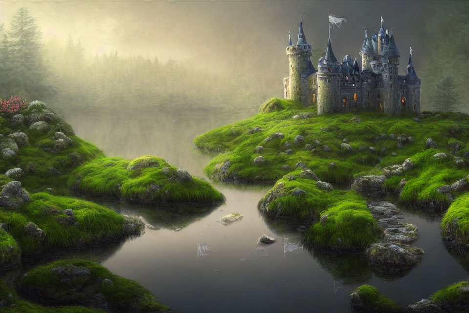 Majestic castle in serene fantasy landscape