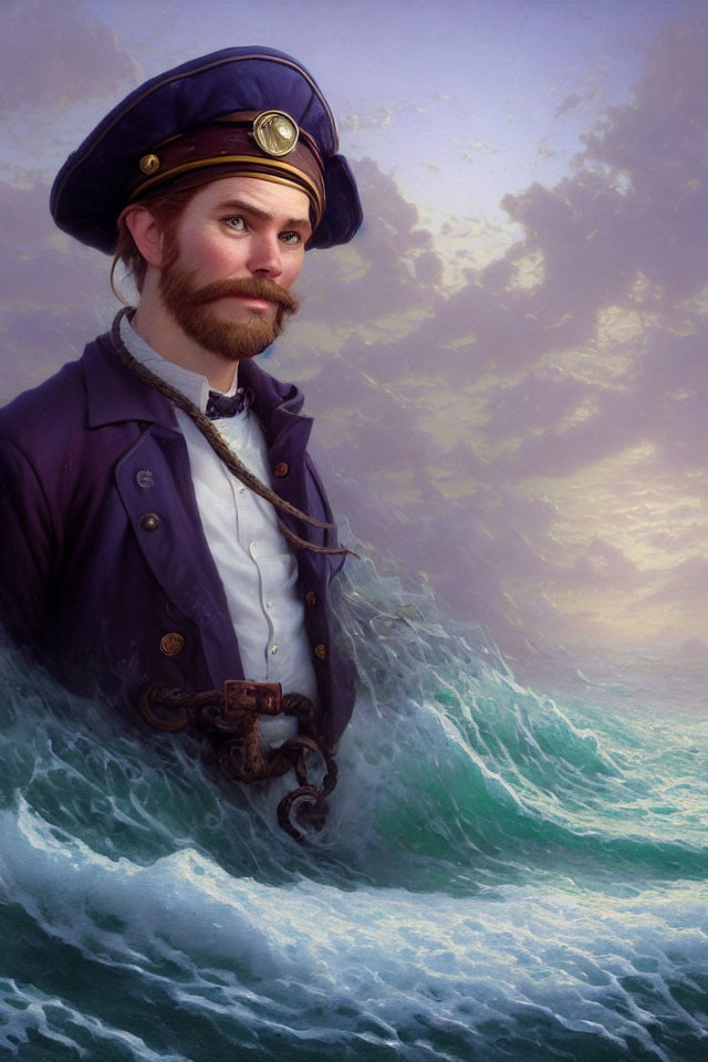 Digital Art: Man in Vintage Naval Uniform in Ocean Waves at Sunset