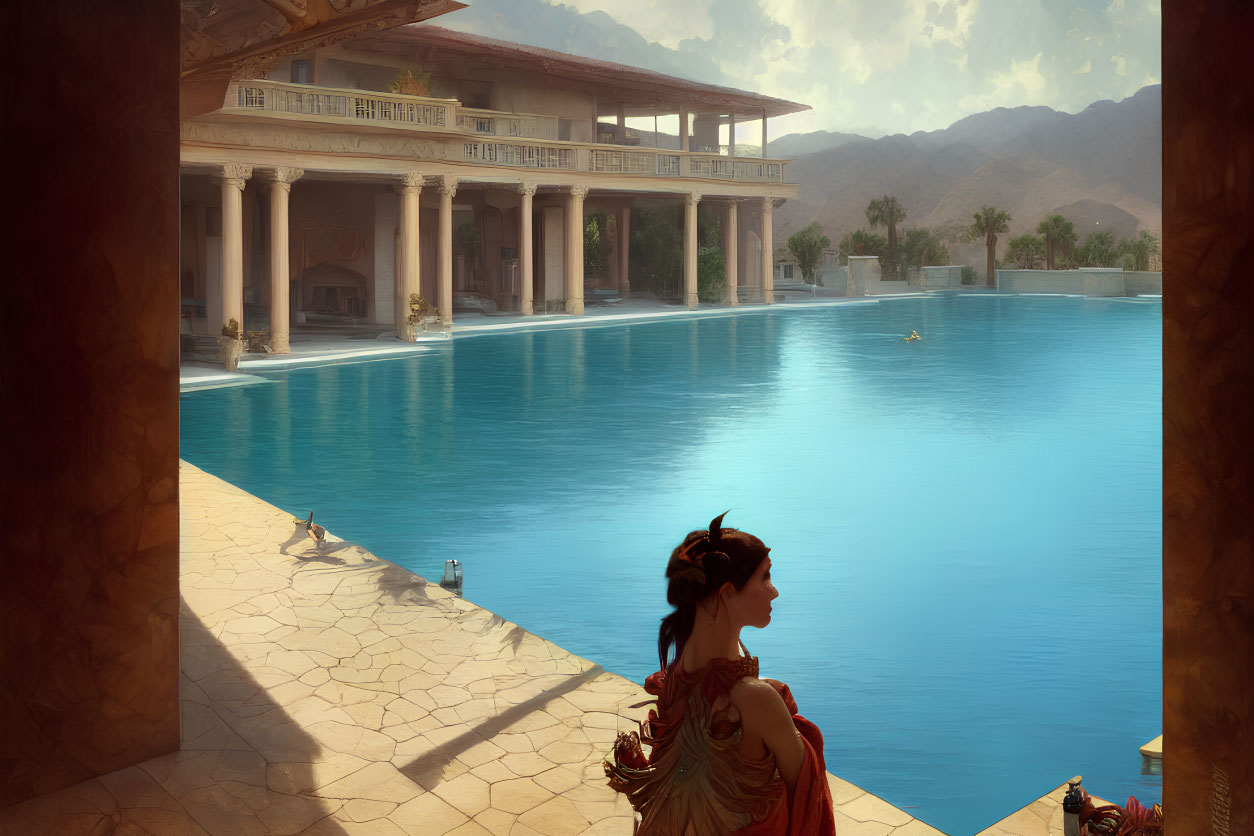 Period-attired woman by infinity pool at classical mansion with mountain backdrop