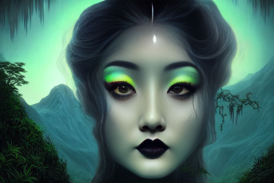 Portrait of woman with vibrant green eye makeup and black lips in mystical forest setting