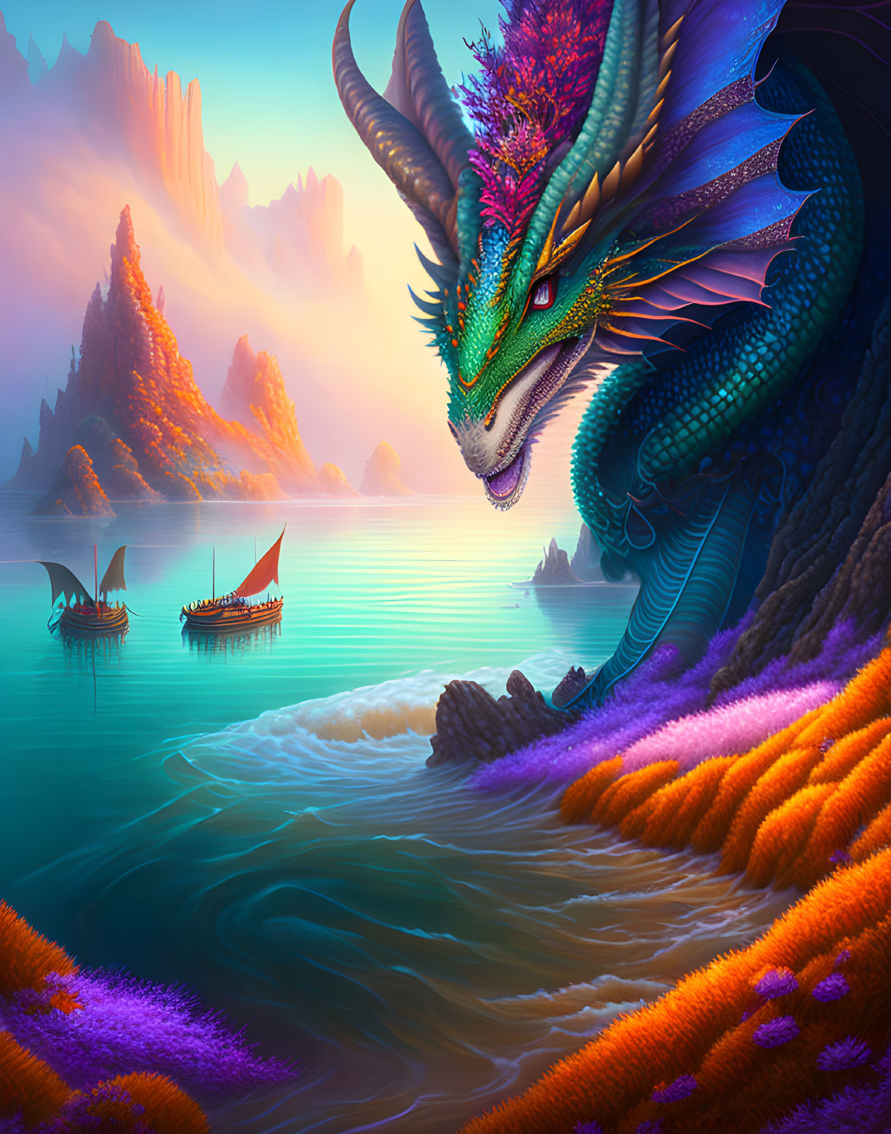 Majestic dragon overlooking serene sea at sunset