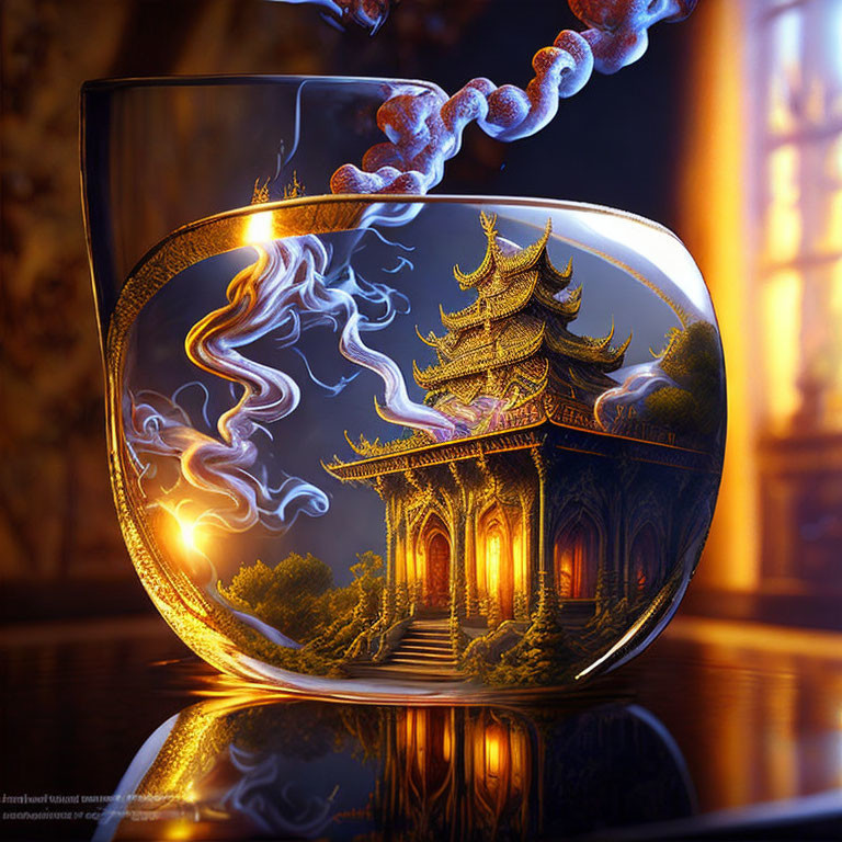 Transparent Tea Cup Illustration: Pagoda & Stairway Scene with Smokey Vapor