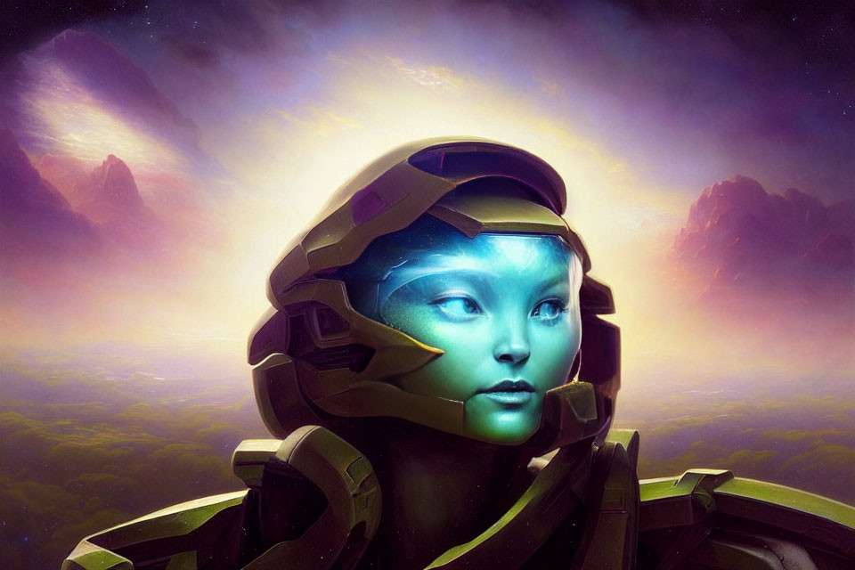 Blue-skinned female figure in futuristic armor against cosmic backdrop.