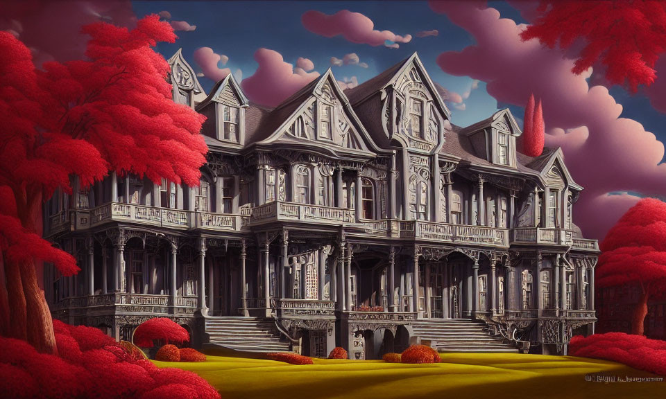 Eerie Victorian mansion with intricate woodwork in red-leaved landscape