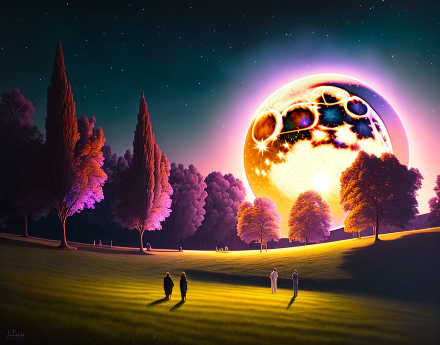 Surreal twilight landscape with people, trees, vivid planet, eclipse, and celestial bodies