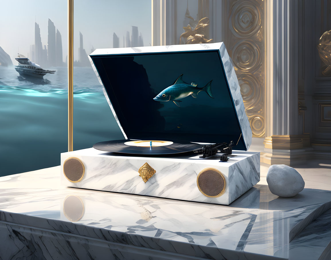 Fish swimming in laptop on marble turntable with columns and futuristic city in background