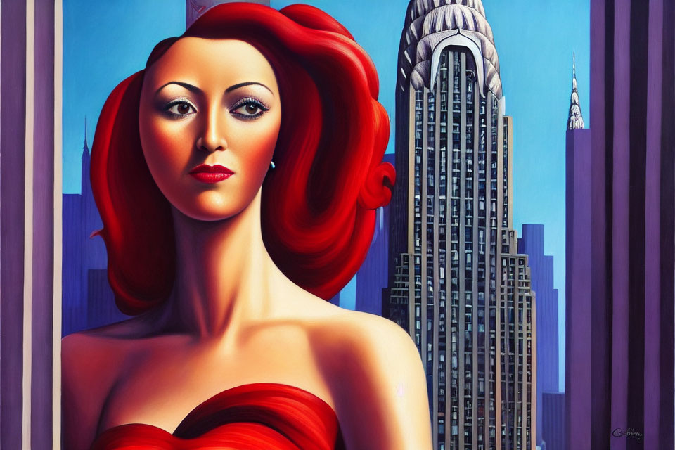 Stylized painting of woman with red hair and dress, Chrysler Building in cityscape