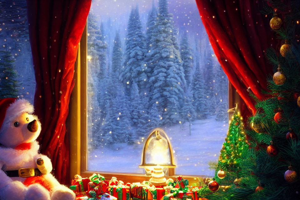 Cozy Christmas tree with gifts and teddy bear by snowy forest view