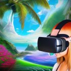 Woman in VR headset immersed in vibrant fantastical landscape