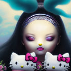 Surreal portrait of female figure with expressive eyes and Hello Kitty figures against dreamy background