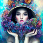 Woman in hat surrounded by vibrant flowers in soft-focus effect