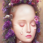 Portrait of young woman with purple and pink floral crown and ethereal glow