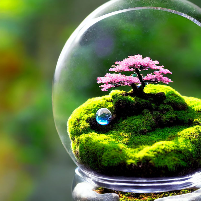 Miniature blooming cherry tree in clear globe with blue orb on mossy base