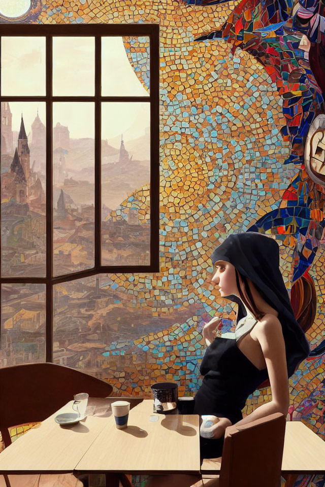 Stylized illustration of woman in black outfit with coffee by mosaic cityscape window