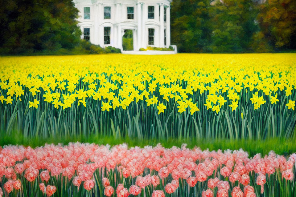 Yellow daffodils and pink tulips in bloom with white house in distance