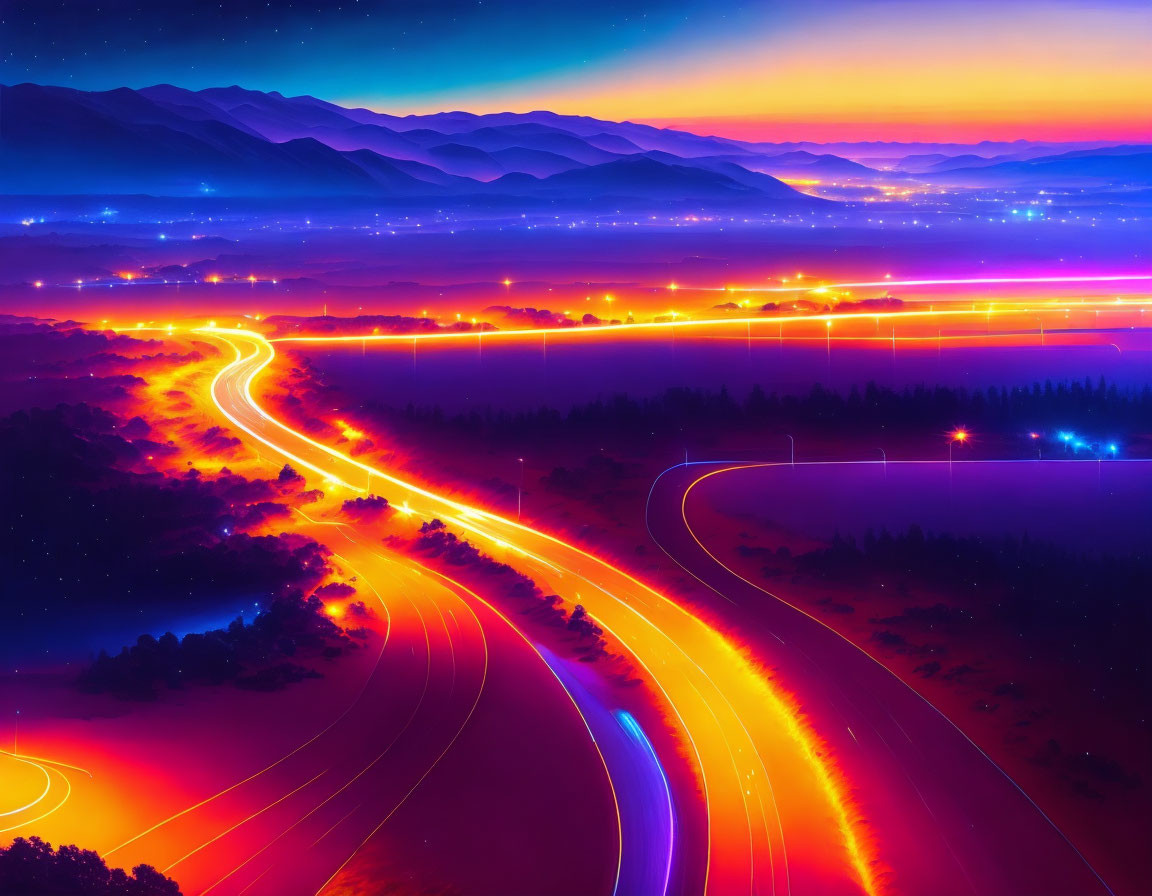 Colorful Night Cityscape with Light Trails and Mountain Background