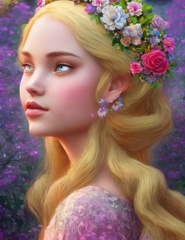 Blonde Woman Portrait with Floral Crown and Purple Flowers