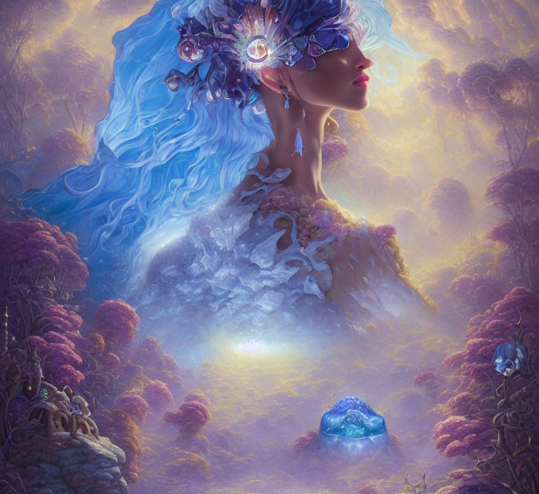 Mystical woman with blue hair and ornate mask in surreal forest landscape