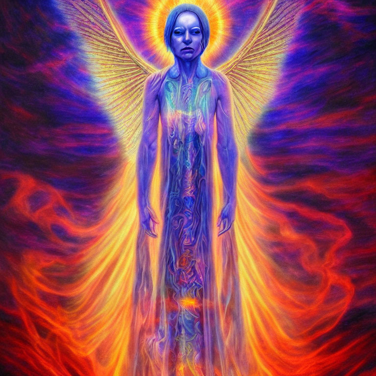 Colorful artwork of blue-faced figure with glowing aura and wings in fiery setting