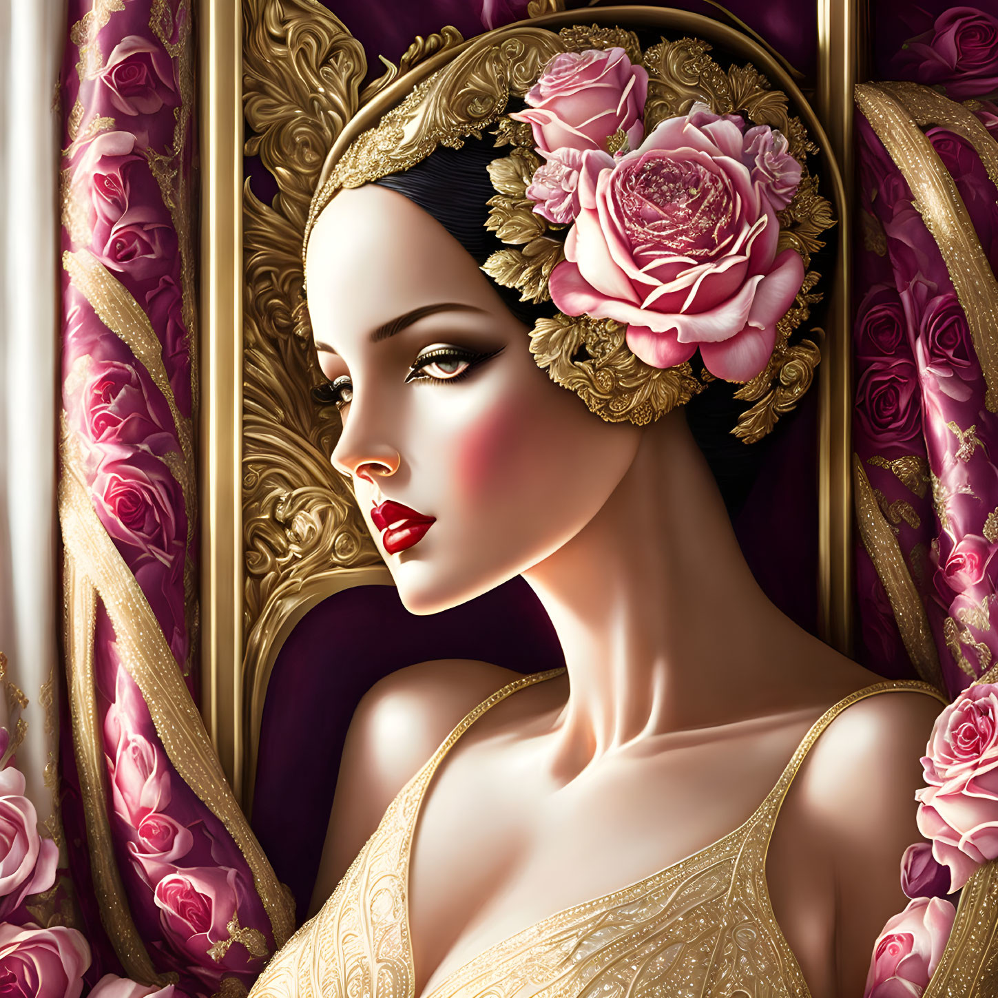 Illustrated portrait of a woman with roses and golden headdress in decorative frame