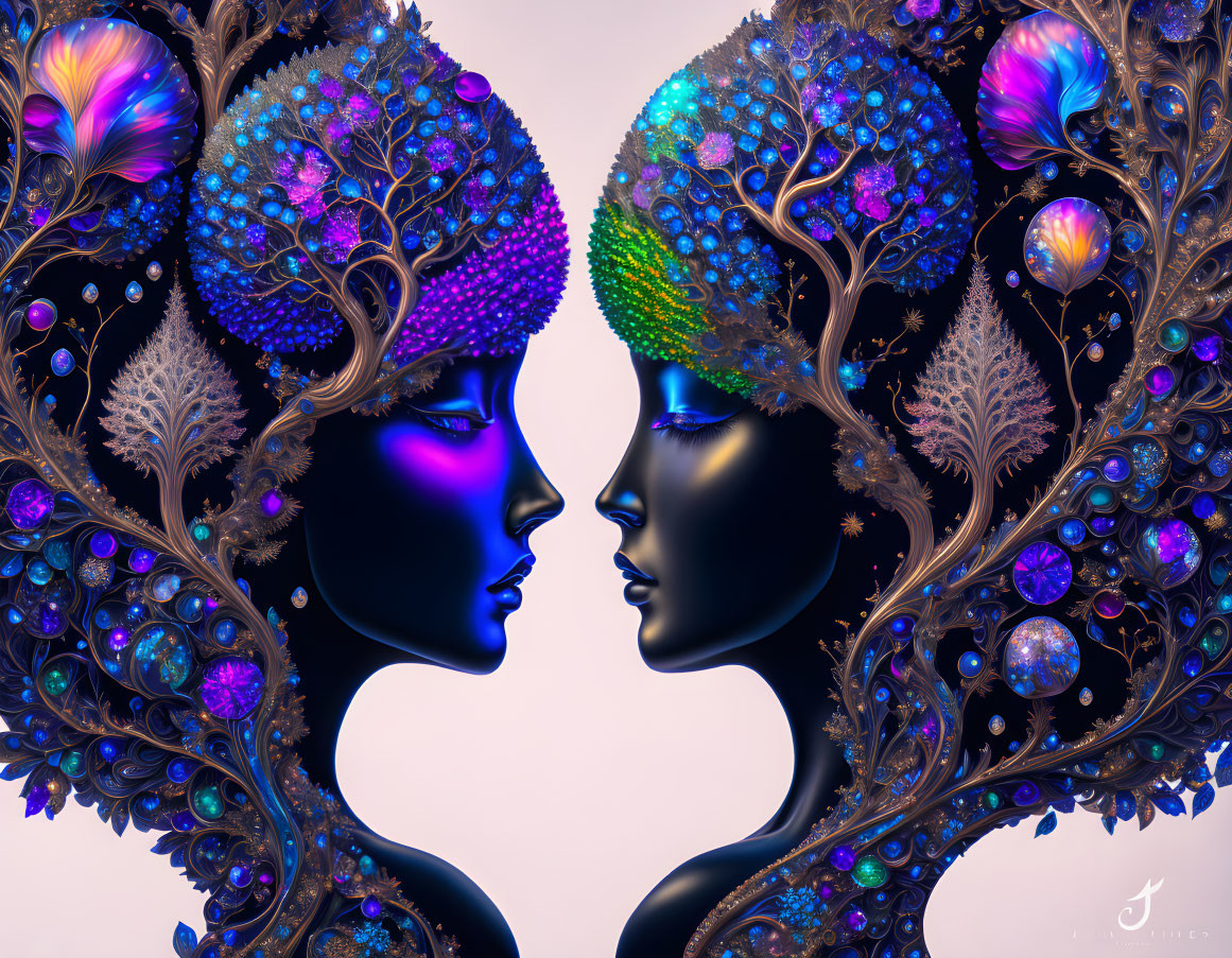 Symmetrical profile faces with ornate, tree-like headdresses in vibrant colors