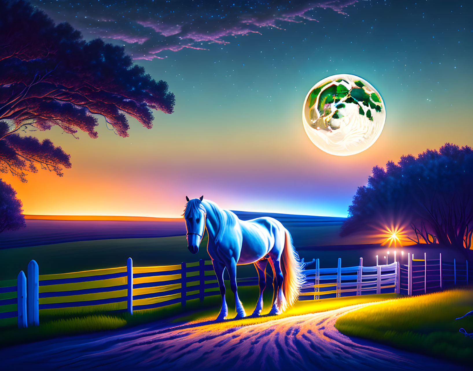 White horse by fence at twilight with vibrant sunset, oversized moon, and starry sky.
