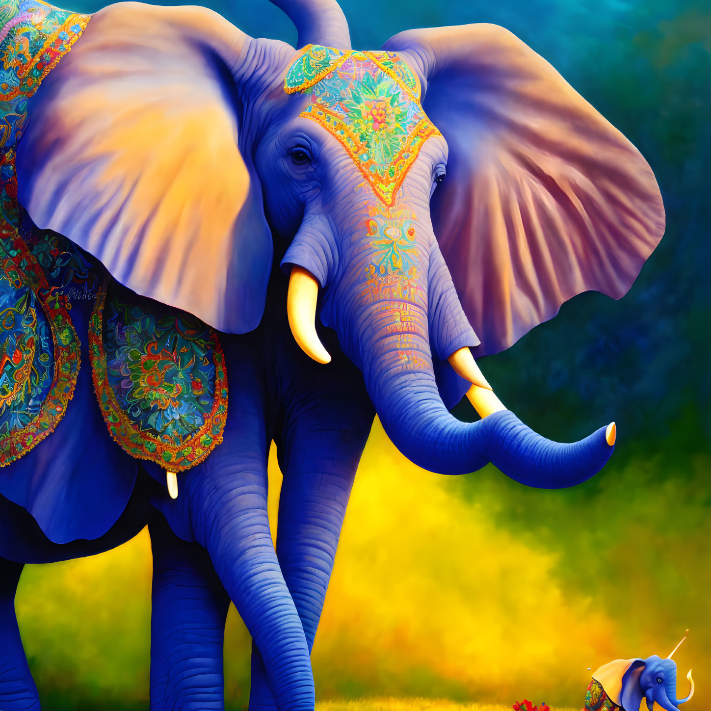 Colorful digital artwork of a blue elephant with ornate patterns on ears and back