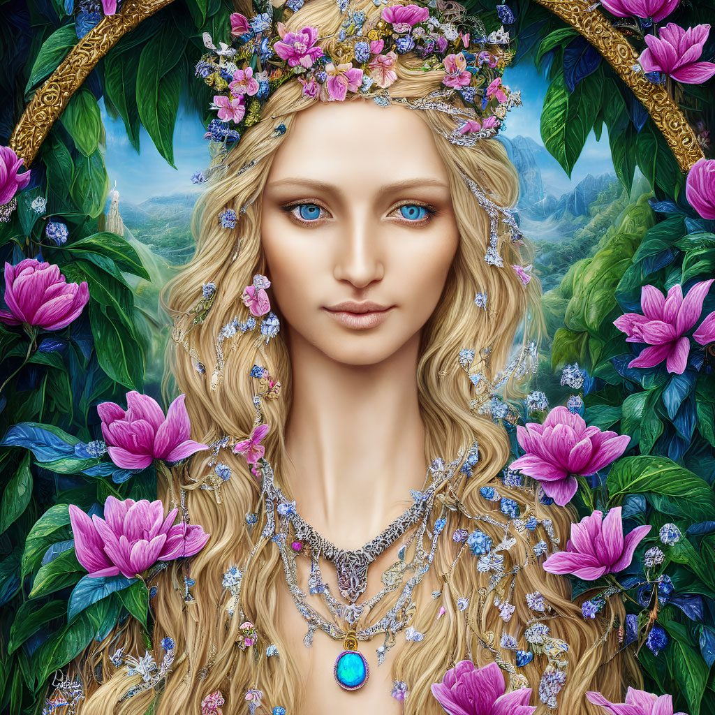 Woman Portrait with Floral Crown, Blue Eyes, Jeweled Necklace, Nature-Inspired Frame
