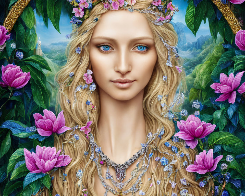 Woman Portrait with Floral Crown, Blue Eyes, Jeweled Necklace, Nature-Inspired Frame