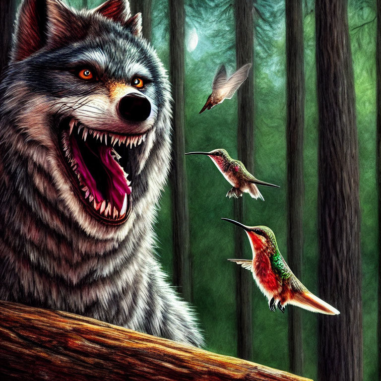 Detailed illustration: Snarling wolf meets hummingbirds in moonlit forest