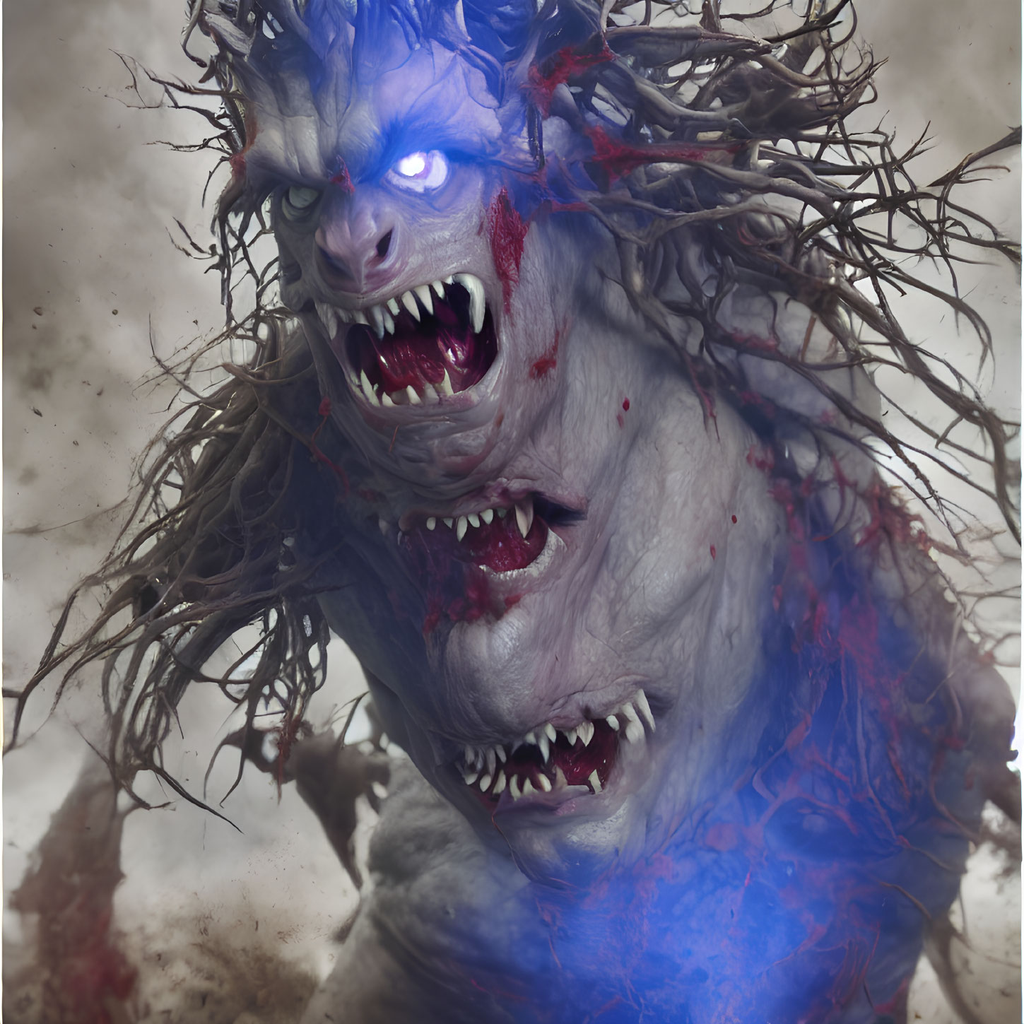 Blue-skinned fantasy creature with sharp fangs and wild hair roaring aggressively in a stormy scene