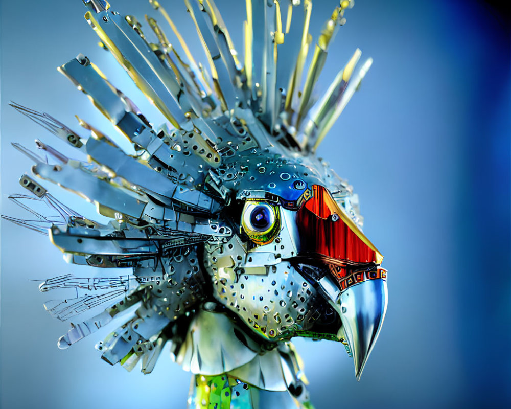 Colorful Mechanical Bird Sculpture with Prominent Beak and Glassy Eye