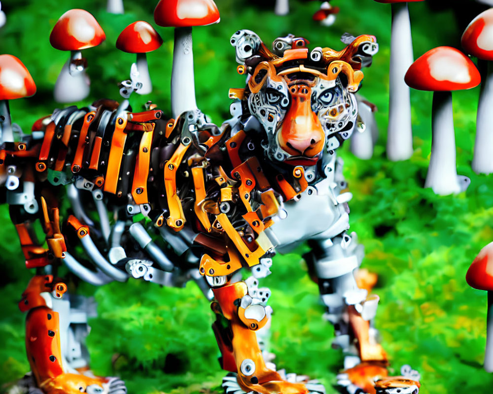 Colorful mechanized tiger model among red and white mushrooms on green background
